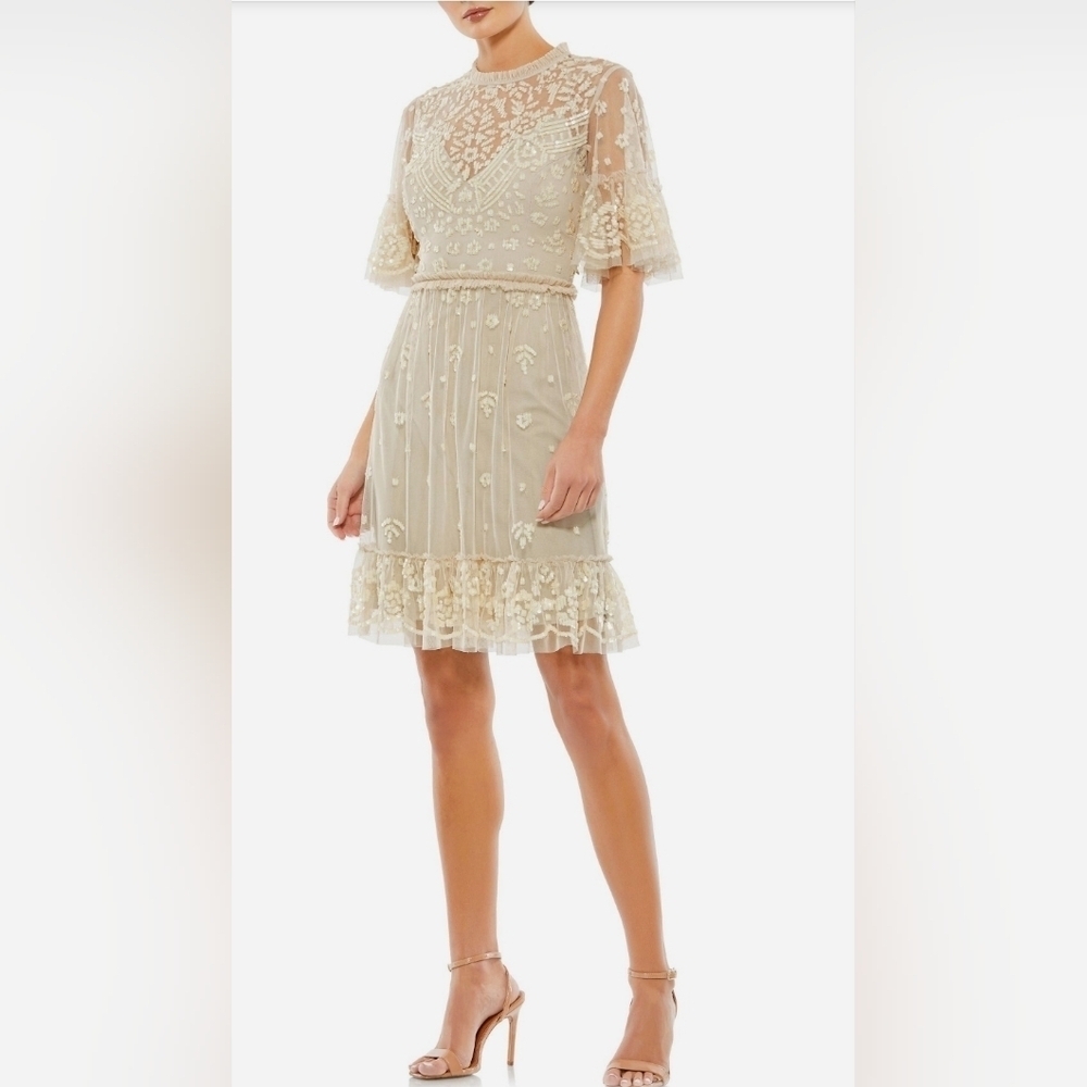 NWT-Mac Duggal, Beige Embellished High Neck Mini Dress, Nude Multi, Size 2, $498